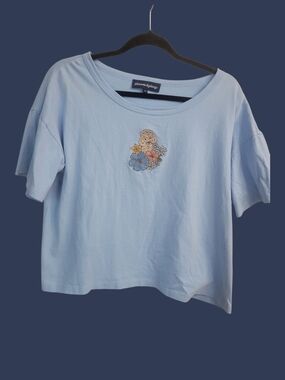 Princess Highway Light Blue Cropped Tee with Floral Embroidery